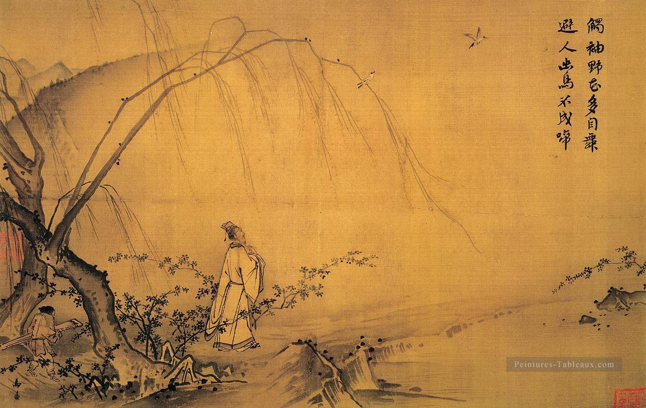 marchant sur un chemin de montagne dans l’encre de Chine ancienne de printemps Peintures à l'huile